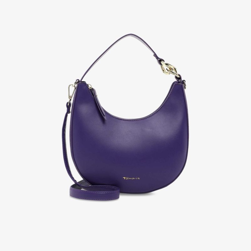 Elegante lila Handtasche mit verstellbarem Riemen und moderner Halbmondform, ideal für stilbewusste Outfits