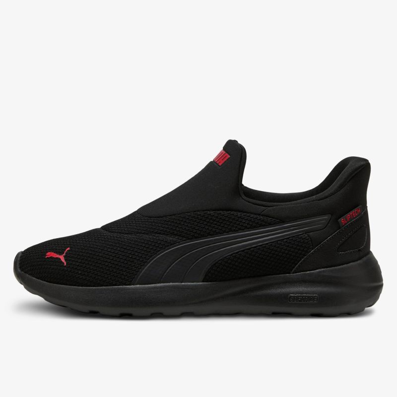 Leichter, atmungsaktiver schwarzer Sportschuh mit rotem Logo und rutschfester Sohle für optimalen Komfort