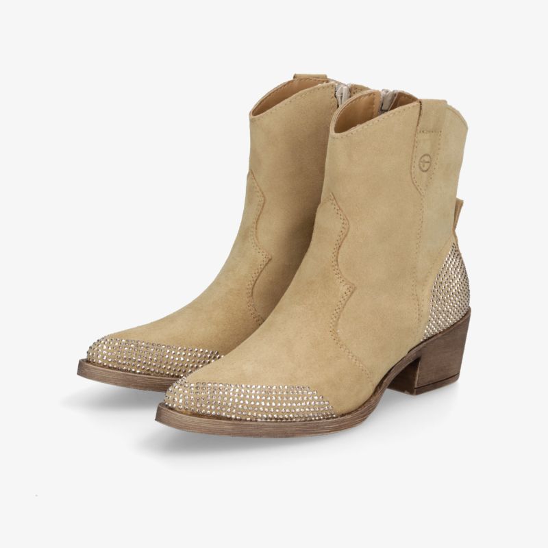 Stylische beige Westernstiefel mit glitzerndem Akzent und stabilem Absatz für optimalen Komfort und auffälligen Look.