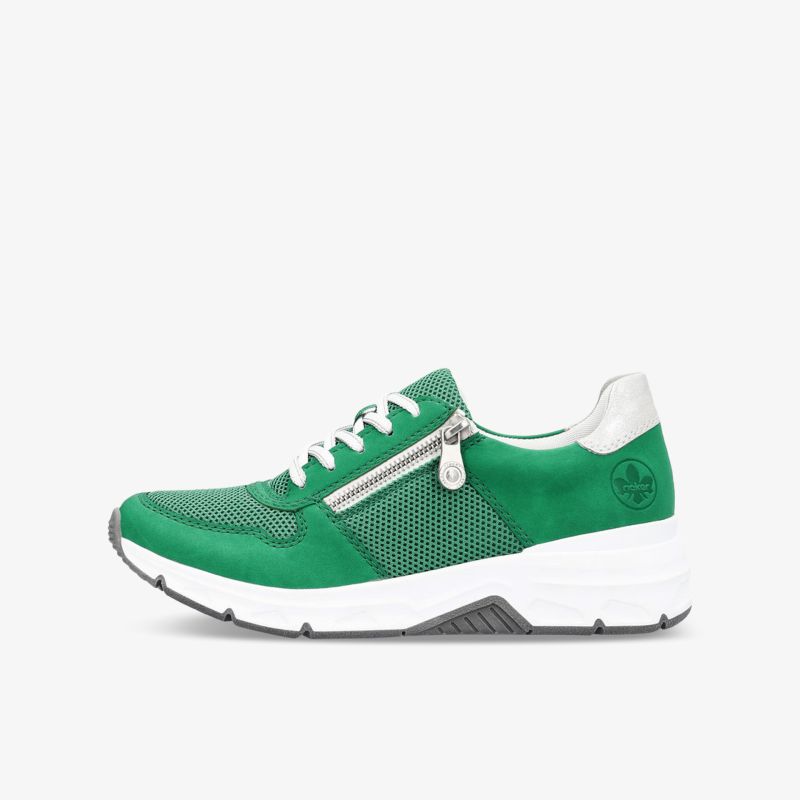 Moderner grüner Sneaker mit atmungsaktivem Mesh und praktischer Reißverschluss seitlich an weißer Laufsohle