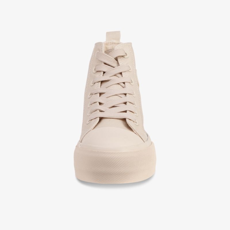 Minimalistischer beige Sneaker mit erhöhtem Komfort und modernem Design, Vorderansicht.