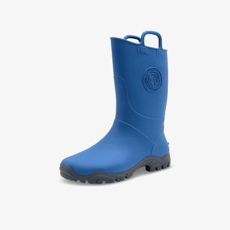 Wasserdichter blauer Gummistiefel mit rutschfester Sohle und komfortablem Design, ideal für Outdoor-Aktivitäten.