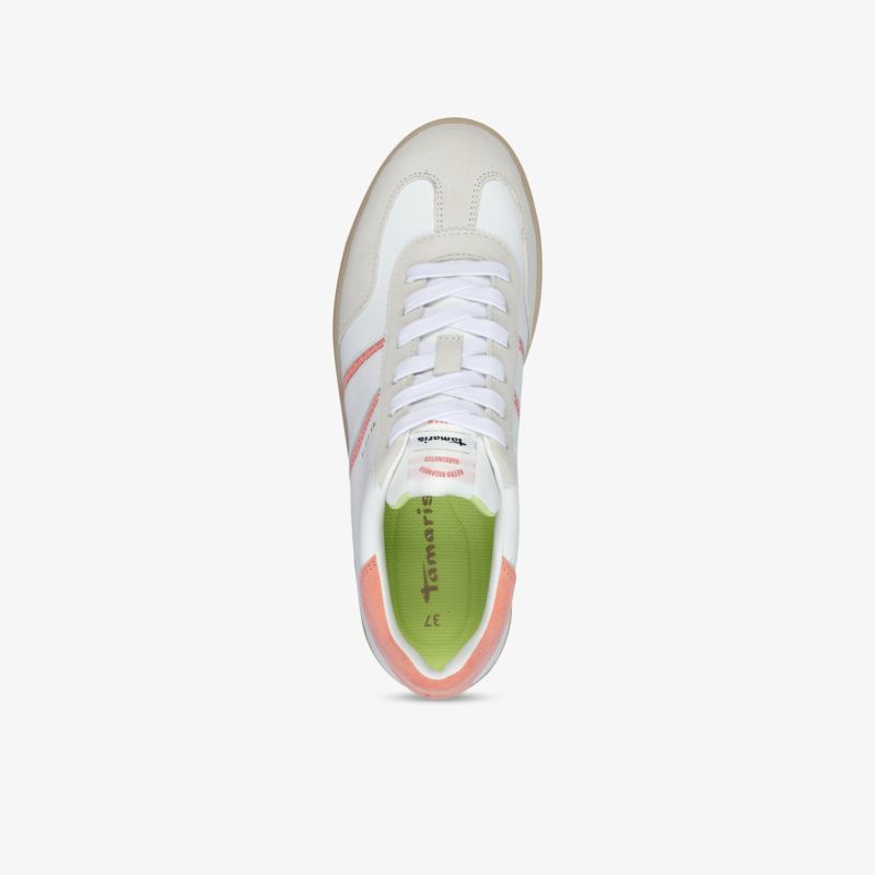 Leichter weißer Sneaker mit rosa Akzenten, bequem und atmungsaktiv, flexible Schnürung für optimalen Halt