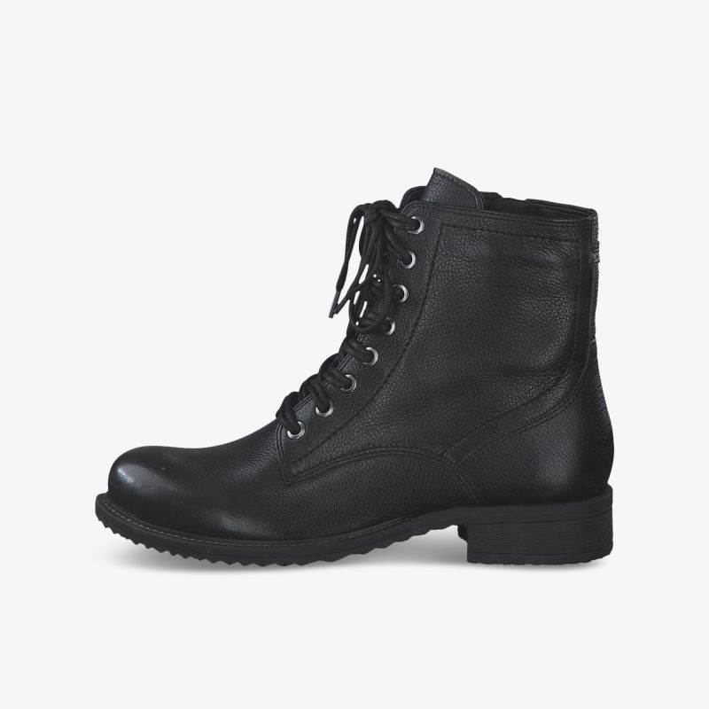 Klassischer schwarzer Lederstiefel mit Schnürung und robustem Design, ideal für vielseitige Styles.