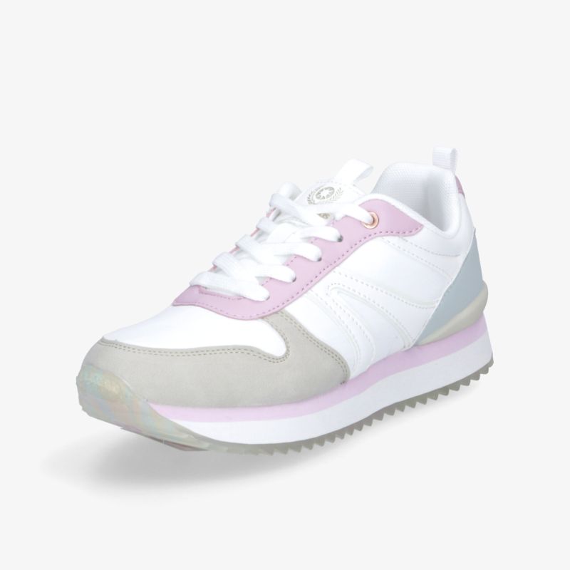 Leichter weißer Sneaker mit lila Akzenten, komfortable Passform und rutschfeste Sohle für aktive Nutzung