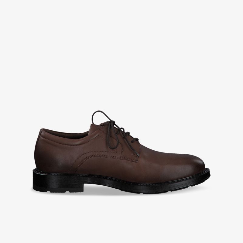 Eleganter brauner Lederschuh mit robuster Sohle und klassischem Design, perfekt für formelle Anlässe.