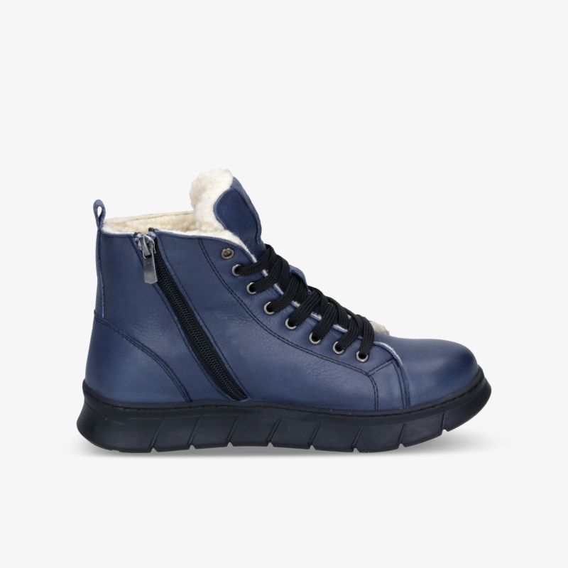 Moderner blauer Schuh mit seitlichem Reißverschluss und flexibler Sohle für komfortablen und einfachen Einstieg