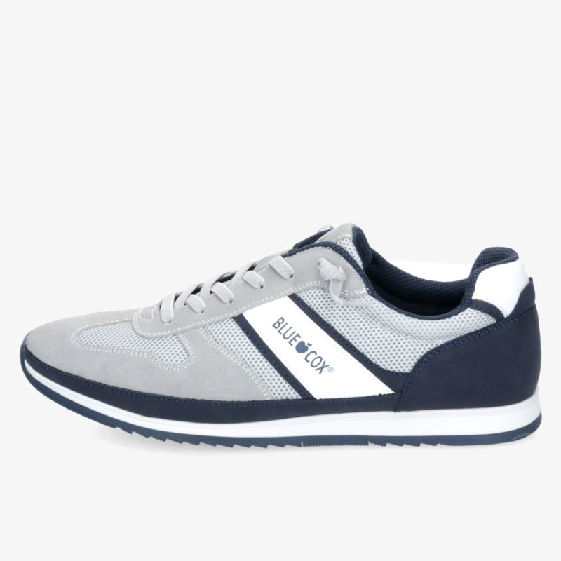 Grauer und blauer Sportschuh seitliche Ansicht mit schnürung, leicht und angenehm tragbar
