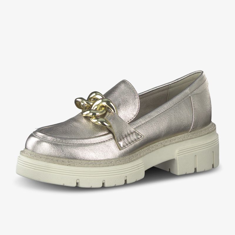 Eleganter metallic Loafer mit auffälliger Kette und robuster Sohle für Stil und Komfort.