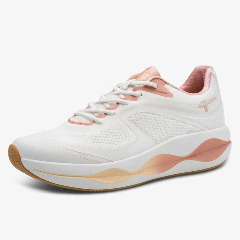 Moderner weißer Sneaker mit rosa Akzenten, atmungsaktiv und leicht, komfortable Passform für sportliche Aktivitäten