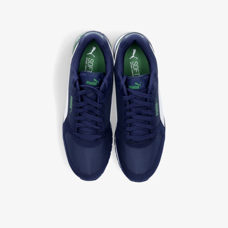 Blaues Sportschuhpaar mit Schnürsenkeln und gepolstertem Innenbereich aus Draufsicht