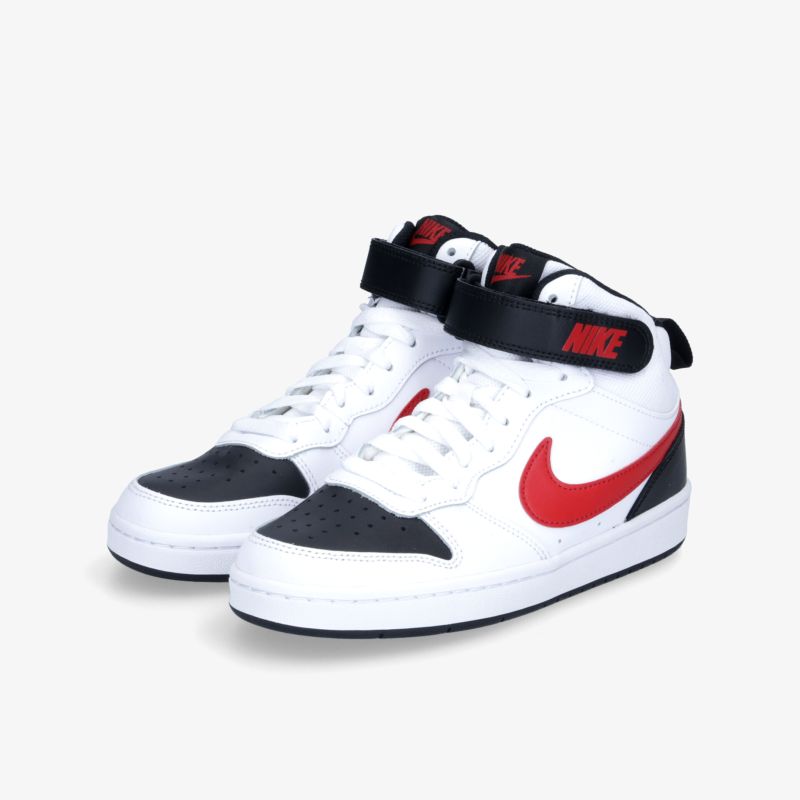 Stilvolle High-Top Sneakers mit roten und schwarzen Akzenten, perfekt für einen sportlich-modischen Look.