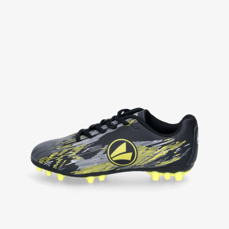 Leichter sportlicher Fußballschuh in Schwarz mit gelben Akzenten, robust und ideal für schnellen Halt und optimale Traktion