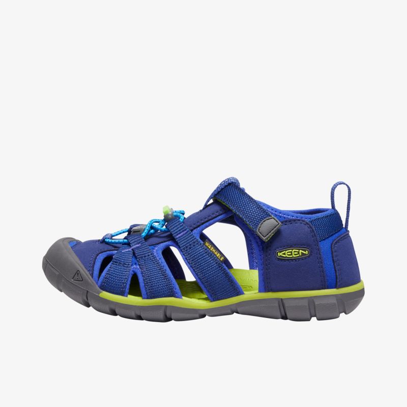 Robuste blaue Sandale mit griffiger Sohle und verstellbarem Riemen für optimalen Komfort.