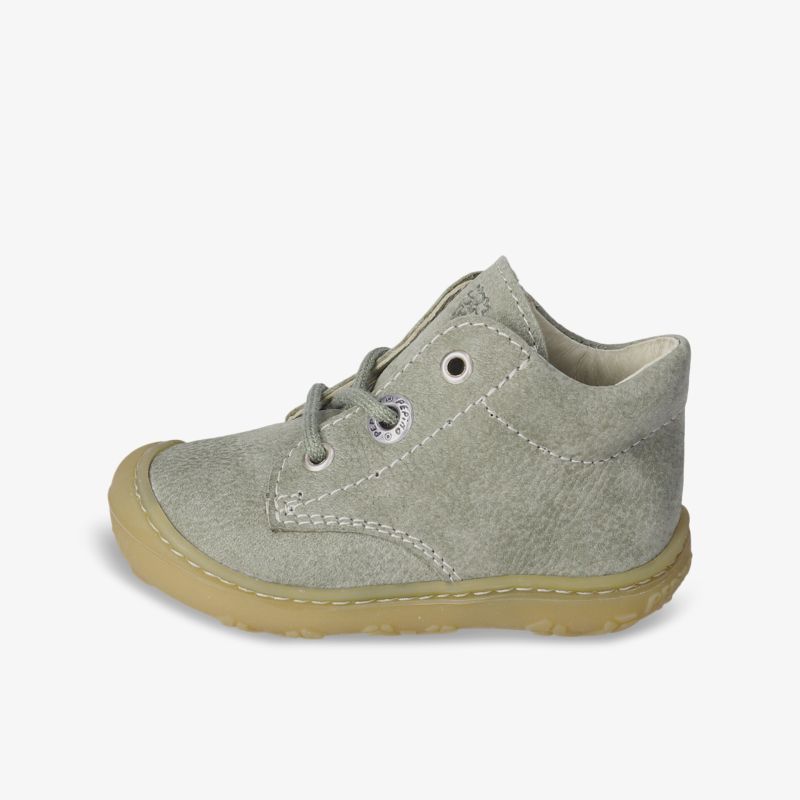 Moderner Kinderhalbschuh in grauem Veloursleder mit strapazierfähiger Gummisohle für optimalen Halt.