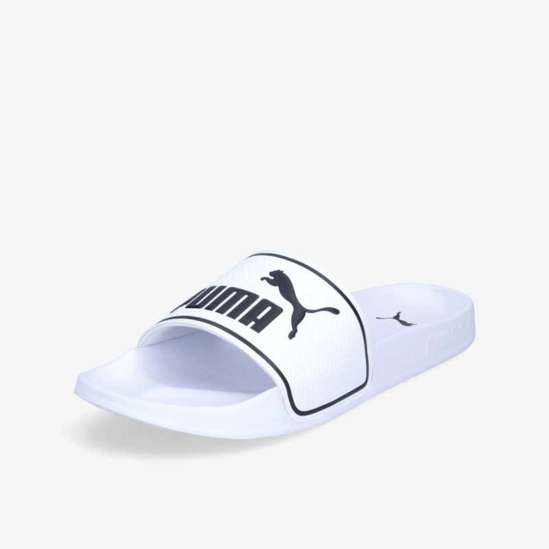 Weiße Sandale mit schwarzem Logo, ideal für Freizeit und Komfort, leichte und strapazierfähige Konstruktion.