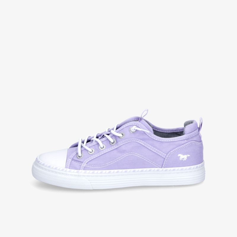 Seitlich abgebildeter lila Sneaker mit atmungsaktivem Material und bequemer, stoßdämpfender Sohle