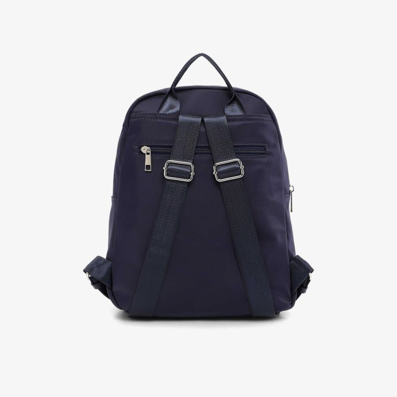Moderner kompakter Rucksack in dunklem Blau mit verstellbaren Trägern und robusten Reißverschlüssen von hinten