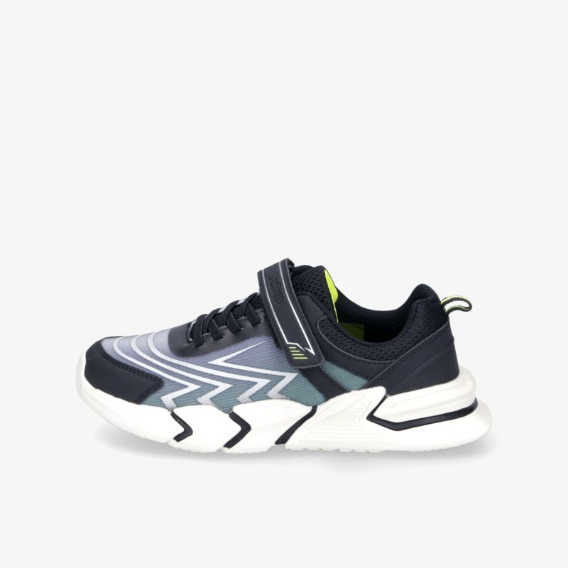 Sportlicher Schuh in Schwarz und Weiß mit neonfarbenen Akzenten, gepolsterte Sohle und flexiblem Material für hohen Tragekomfort