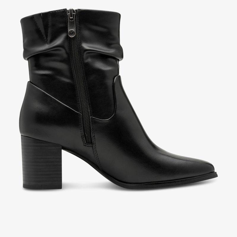 Eleganter schwarzer Stiefel mit hohem Blockabsatz und seitlichem Reißverschluss in klarer Seitenansicht