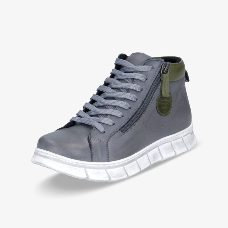 Moderner grauer Sneaker mit seitlichem Reißverschluss und weißer profilierter Sohle für hohen Tragekomfort
