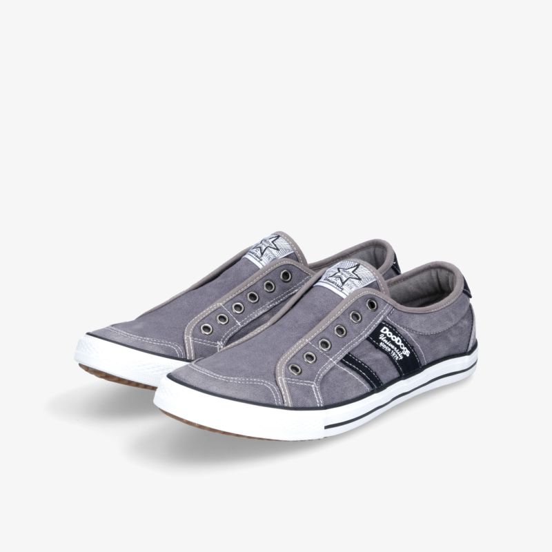 Graue Sneaker ohne Schnürsenkel, bequemer Freizeitlook, ideal für Alltag und Sommer.