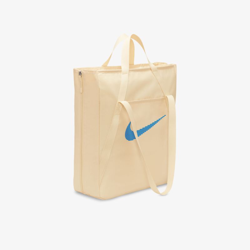 Beige Tasche mit blauen Logo und bequemen Tragegriffen, perfekt für den täglichen Gebrauch.