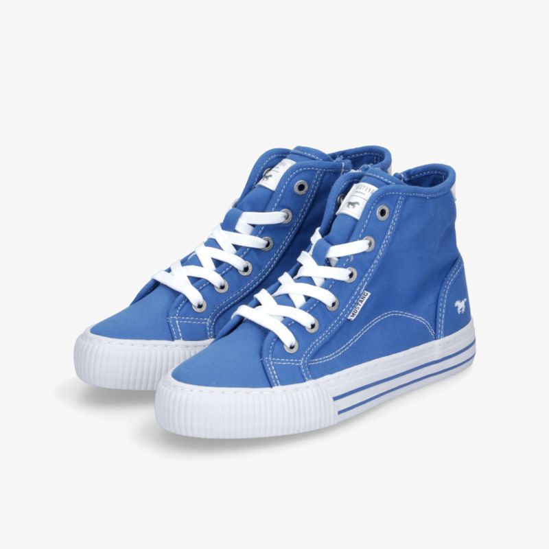 Blaues High-Top Sneaker Paar mit weißer rutschfester Sohle und bequemer Schnürung, sportliches Design