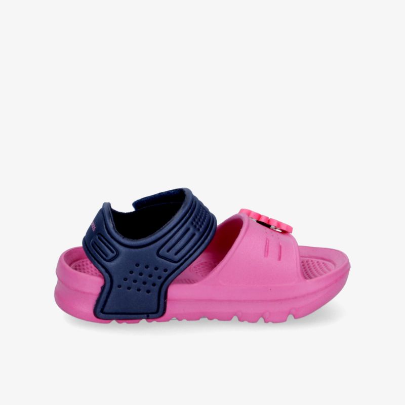 Leichte und bequeme Sandale in Rosa mit verstellbarem dunkelblauem Riemen und rutschfester Profilsohle