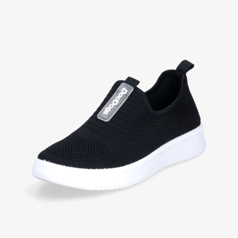 Leichter schwarzer Slip-On Sneaker mit atmungsaktivem Material und weißer rutschfester Sohle, sportlich und bequem