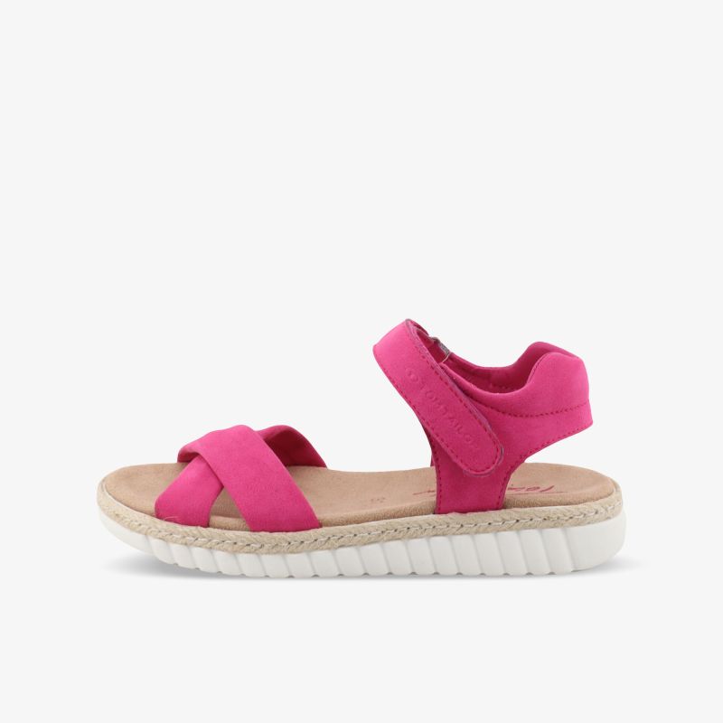 Seitliche Ansicht einer sportlichen pinken Sandale mit verstellbarem Klettverschluss und rutschfester Sohle