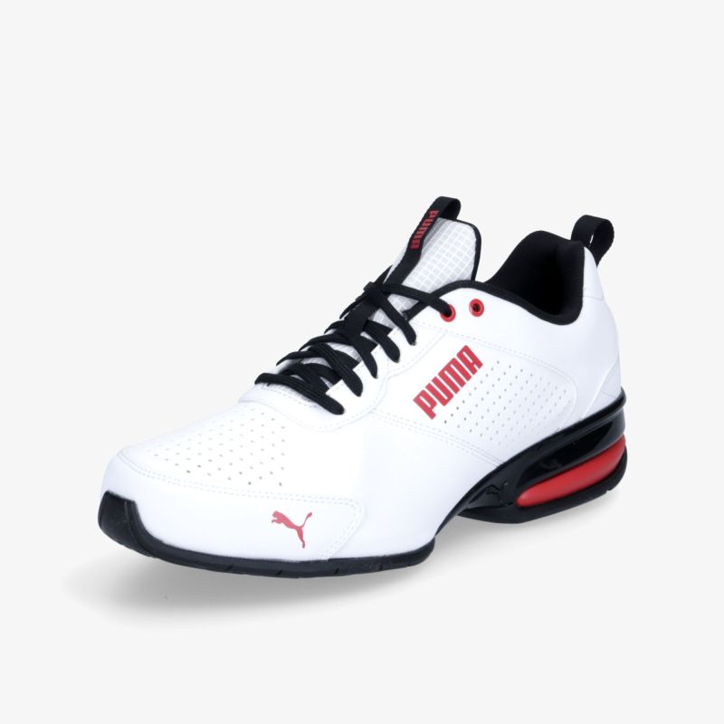 Moderner weißer Sneaker mit rotem Akzent und schwarzer Sohle, ideal für Sport und Freizeit.