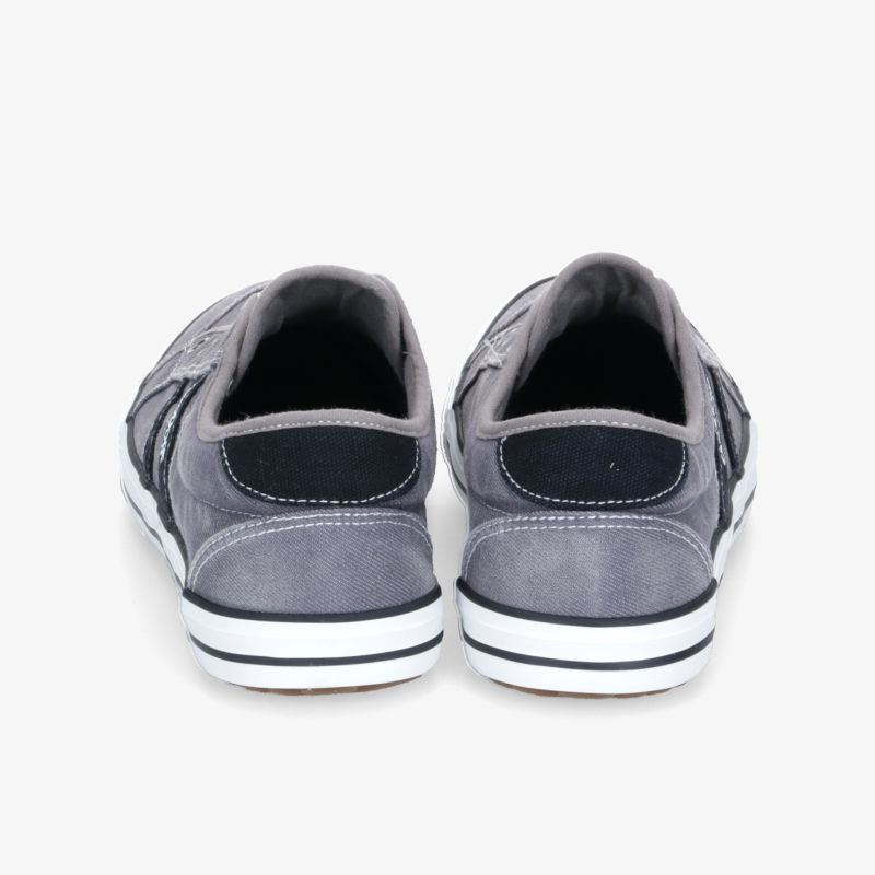 Graue Sneakers in klassischem Design, bequem und strapazierfähig, Rückansicht.