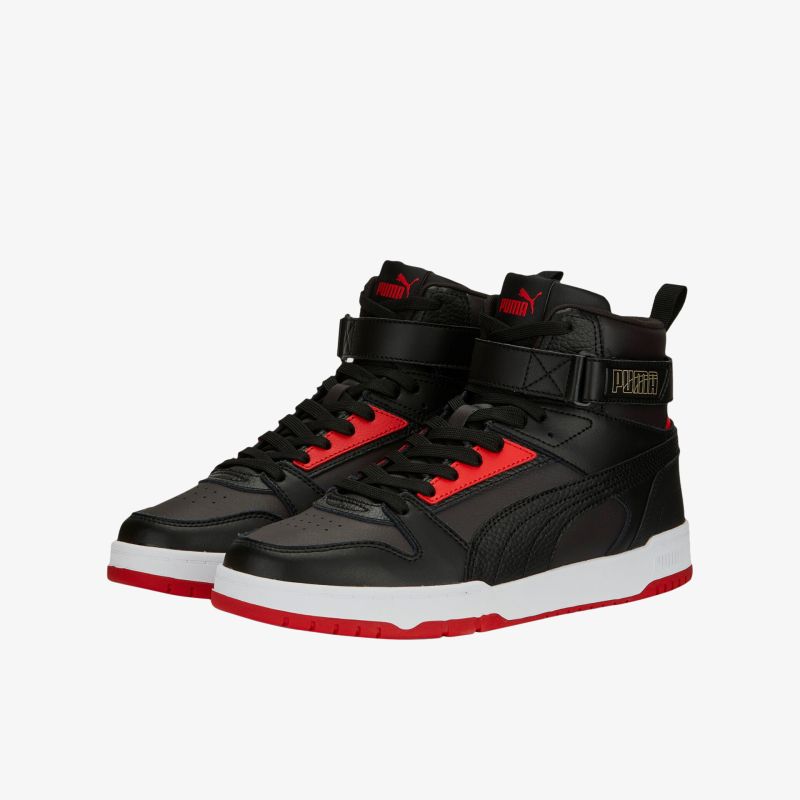 Stylish black high-top sneakers with red accents and strap, perfect for casual and streetwear outfits.