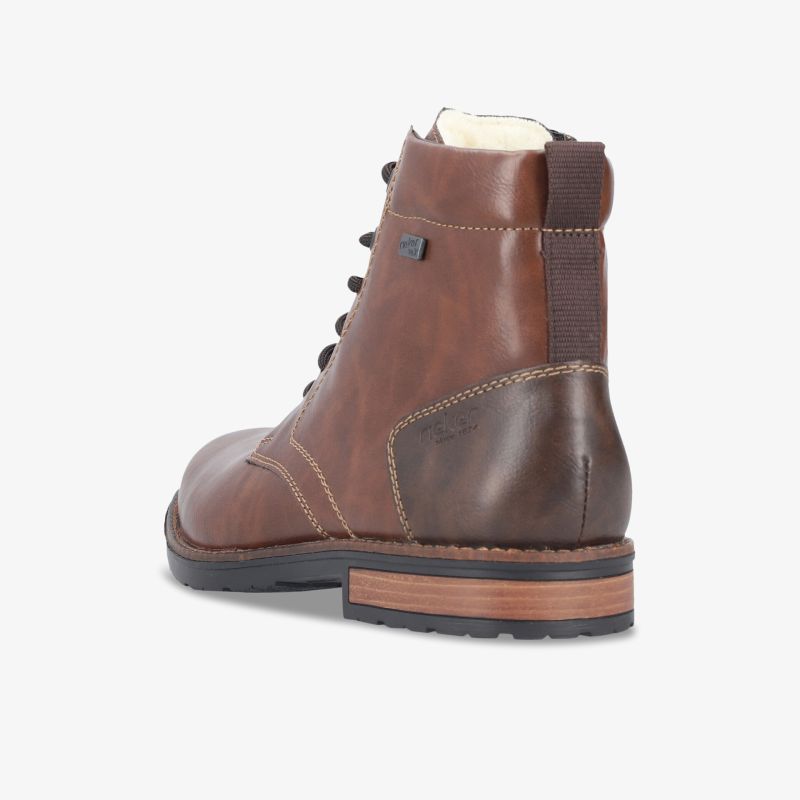 Robuster brauner Lederstiefel mit Schnürung und gepolsterter Ferse, rückseitige Ansicht