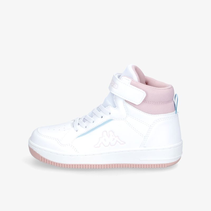 Moderner weißer Sneaker mit rosa Details und Klettverschluss für optimalen Tragekomfort und Stil.