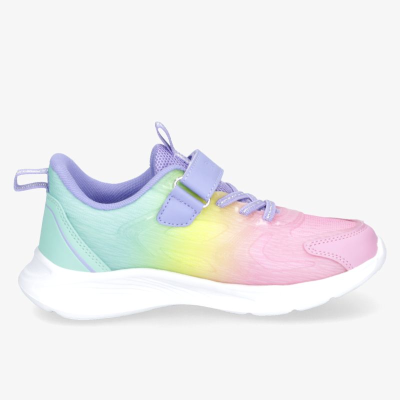 Seitliche Ansicht eines farbenfrohen, leichten und bequemen Sneakers mit rutschfester Sohle und gepolstertem Rand