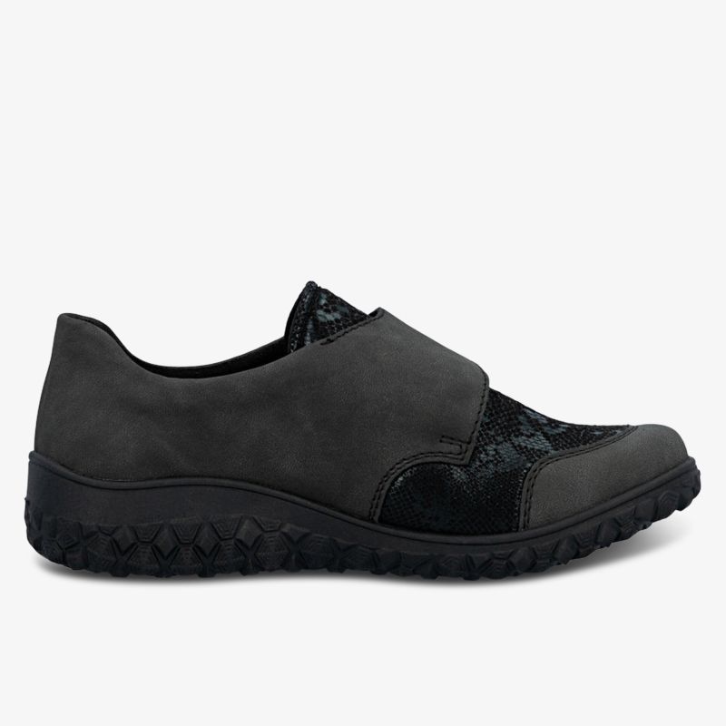 komfortabler schwarzer Schuh mit rutschfester Gummisohle und flexiblem Design für ganztägigen Tragekomfort