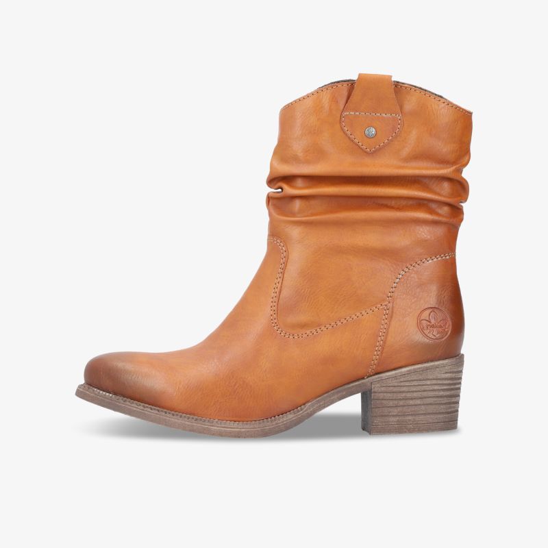 Stylischer, mittelhoher Lederstiefel mit bequemem Blockabsatz und eleganter, schlanker Form seitlich dargestellt
