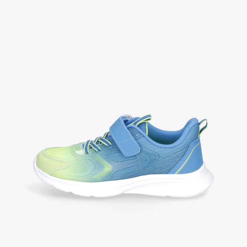 Sportlicher blauer und grüner Sneaker mit praktischem Klettverschluss und leichter, flexibler Sohle