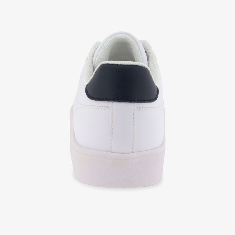 Stilvoller weißer Sneaker mit schwarzem Fersenakzent und klaren Linien für den modernen Look.