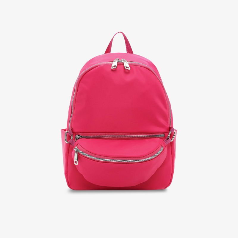 Stylischer pinker Rucksack mit mehreren Reißverschlusstaschen, ideal für Alltag und Freizeitaktivitäten.