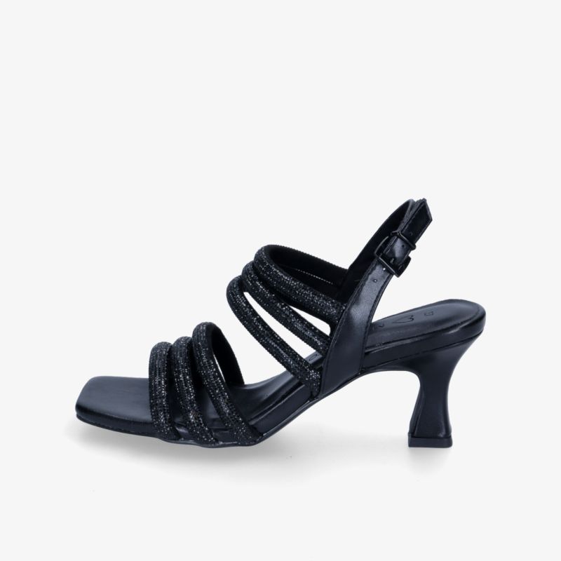 Elegante schwarze Sandale mit glitzernden Riemen und bequemem Absatz für stilvolle Anlässe.