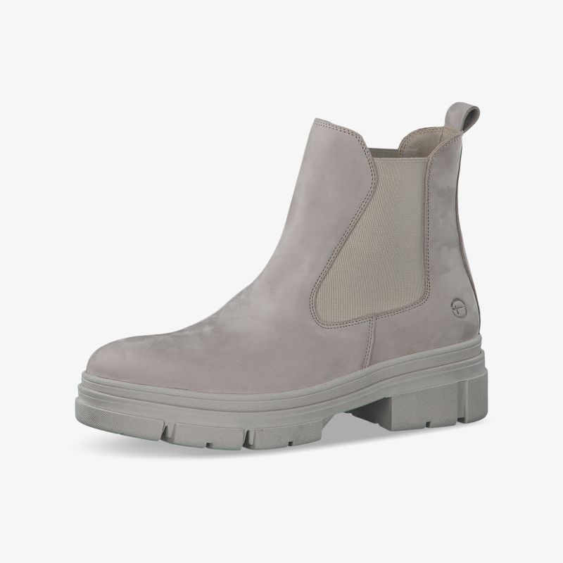 Moderner grauer Chelsea-Boot mit robuster Sohle und elastischen Einsätzen für bequeme Passform und vielseitigen Stil.