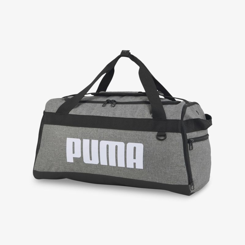 Robuste graue Puma Sporttasche mit schwarzem Tragegriff und großem Hauptfach für Sport und Freizeit