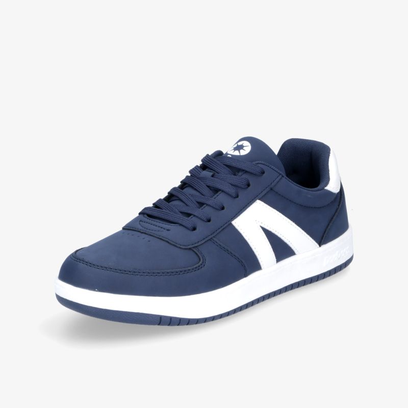 Sportlicher blauer Sneaker mit weißem Logo, gepolstertem Schaft und robuster Sohle für optimalen Komfort.