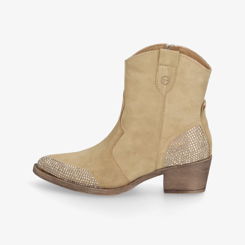 Elegante beige Stiefelette mit funkelnden Akzenten und komfortablem Blockabsatz, seitliche Ansicht.