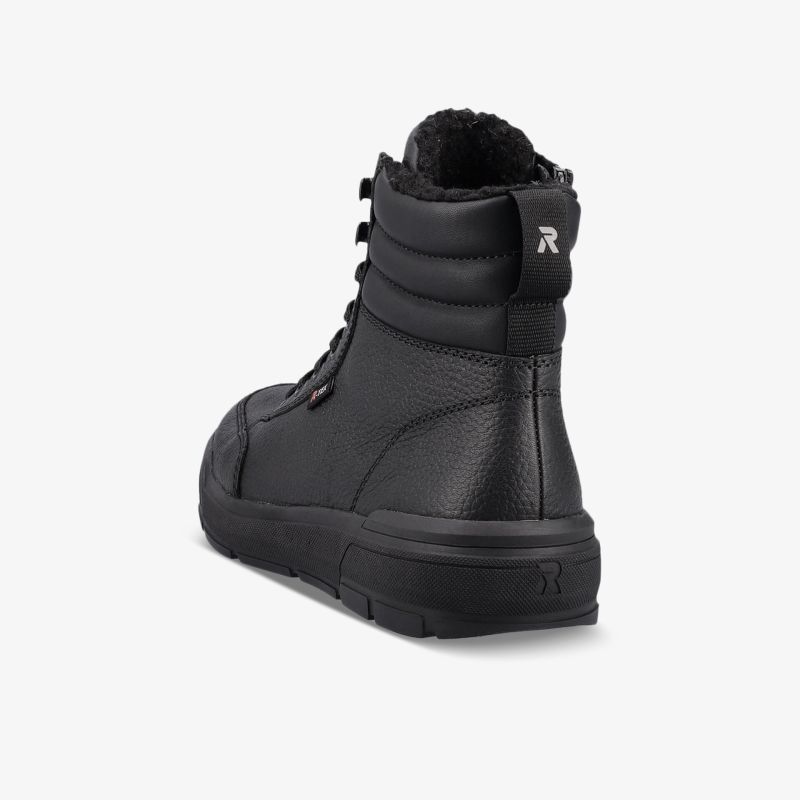 Robuster schwarzer Stiefel mit gepolsterter Sohle und strapazierfähigem Material für optimalen Komfort.