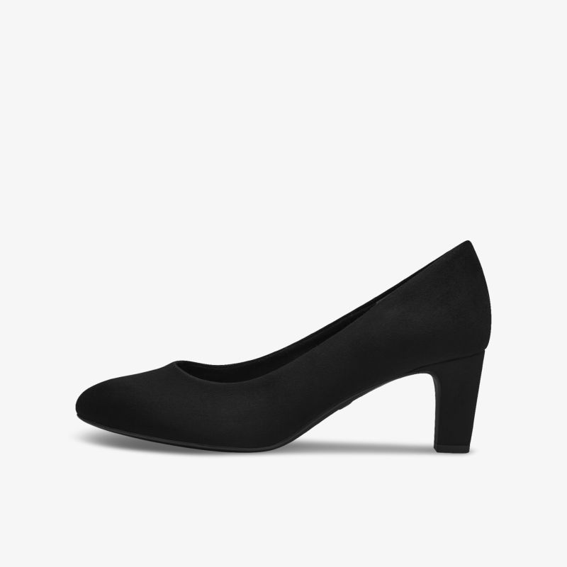 Schwarzer Pumps mit mittelhohem Absatz, elegante und bequeme Passform, geschlossener klassischer Schuh seitlich dargestellt