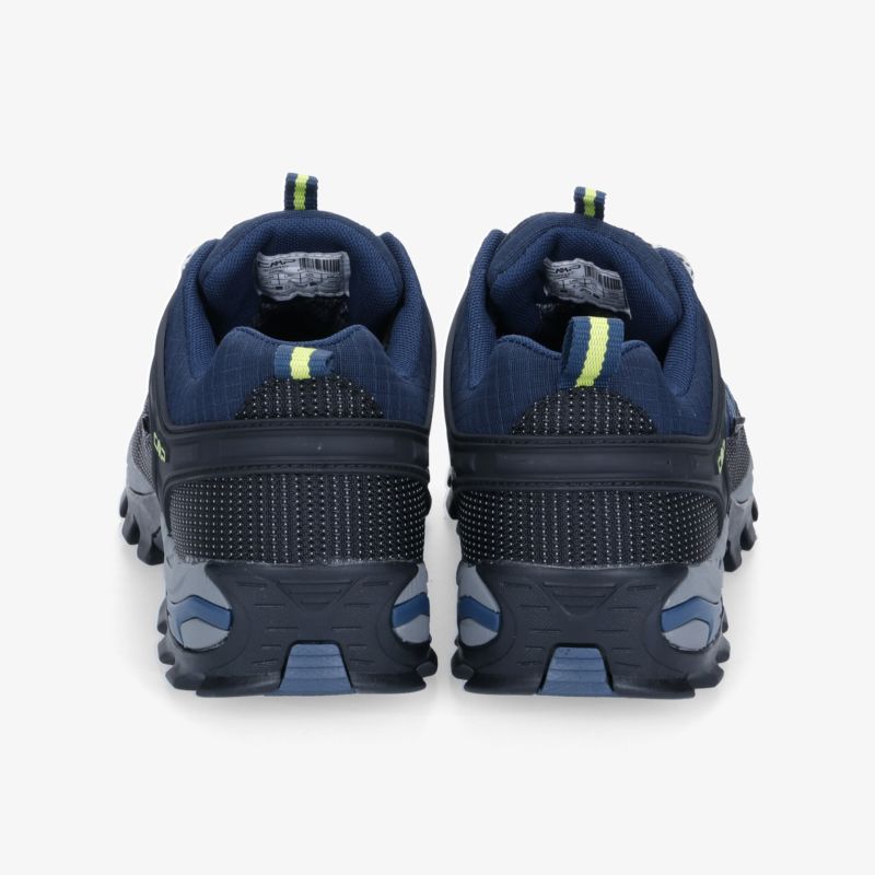 Rückansicht von robusten, sportlichen Schuhen in dunklem Blau mit rutschfester Sohle und eleganten Details.